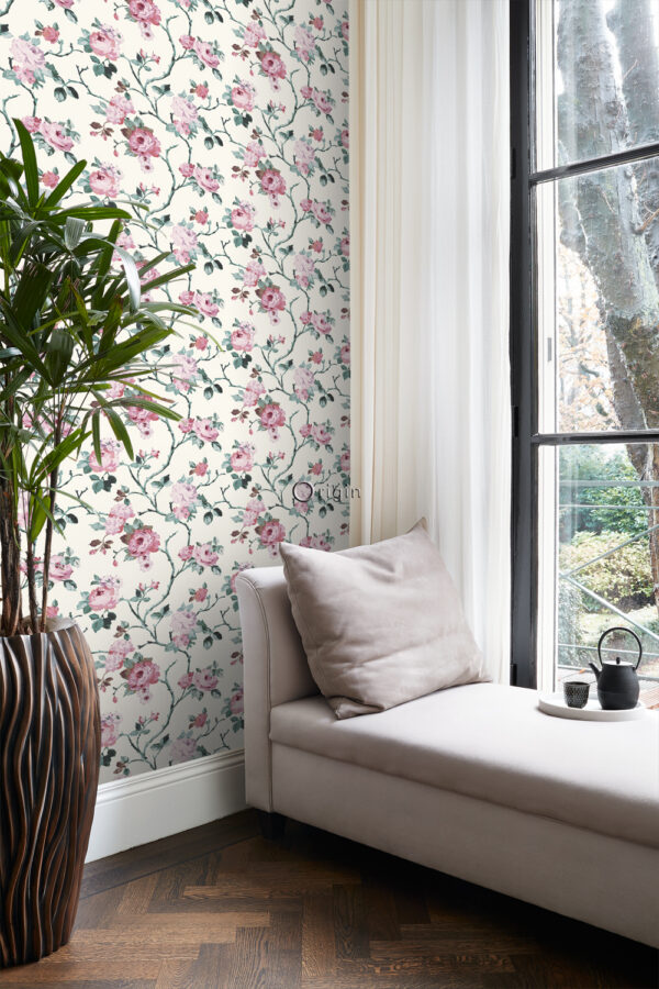 Origin Wallcoverings lillemotiiv tapeet - valgekirju ja heleroosa ja roheline