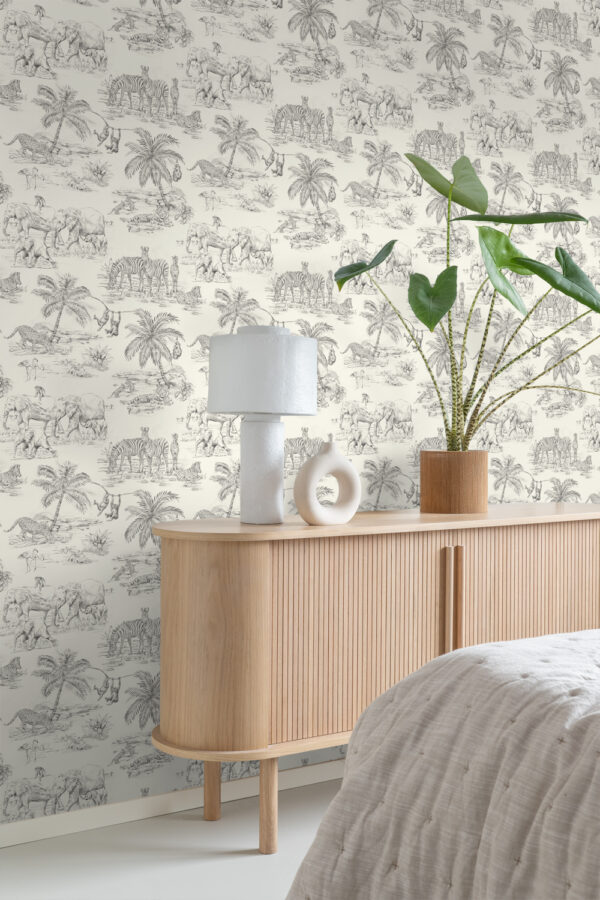 Origin Wallcoverings tapeet džungli loomad - elevandiluuvalge ja hall