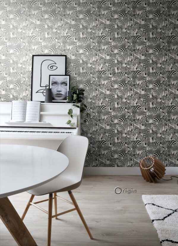 Origin Wallcoverings tapeet sebrad - must ja valge