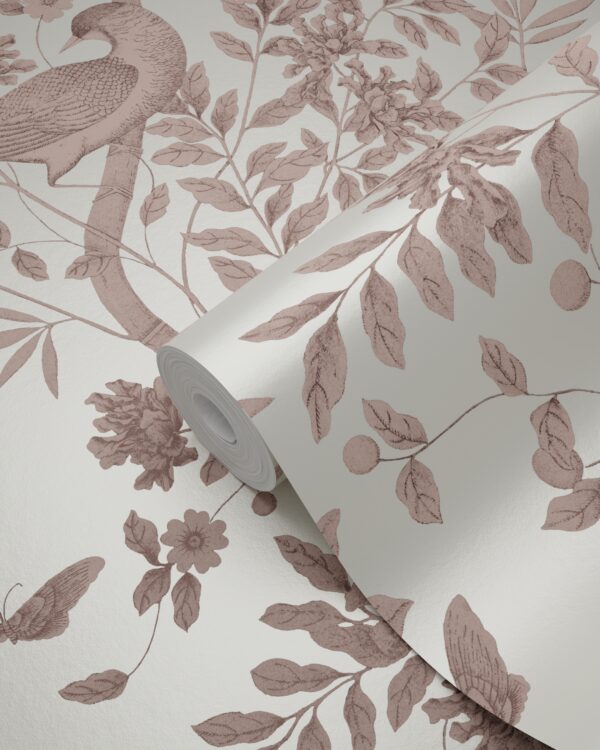 Origin Wallcoverings linnumotiiv graveeringuga tapeet - elevandiluuvalge ja läikiv vaskpruun