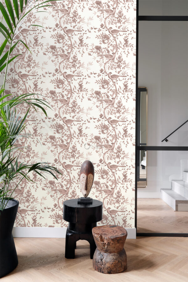 Origin Wallcoverings linnumotiiv graveeringuga tapeet - elevandiluuvalge ja läikiv vaskpruun