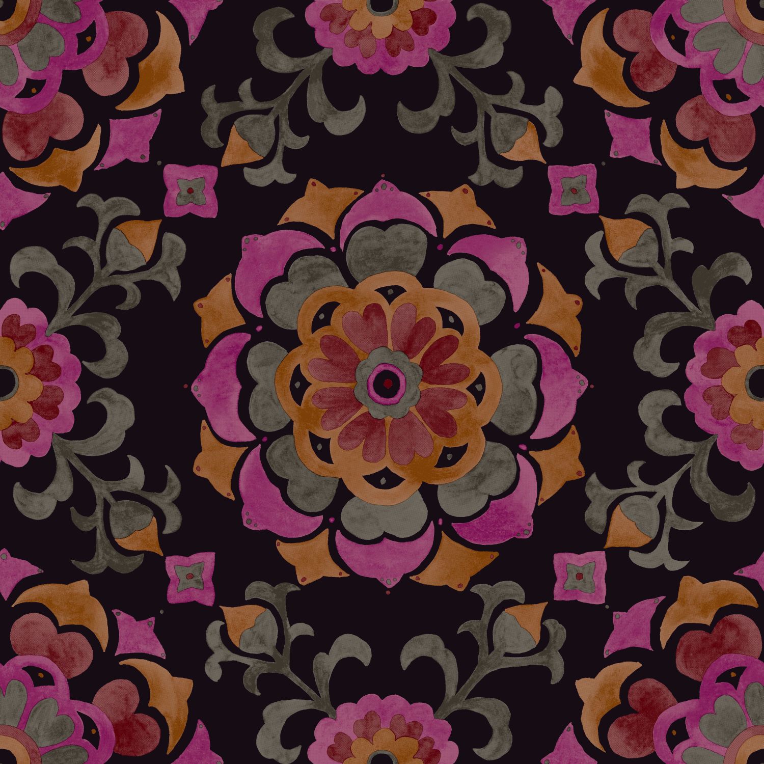Origin Wallcoverings tapeet suzani lilled - must, oranž ja roosa