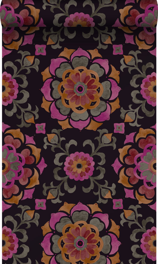 Origin Wallcoverings tapeet suzani lilled - must, oranž ja roosa