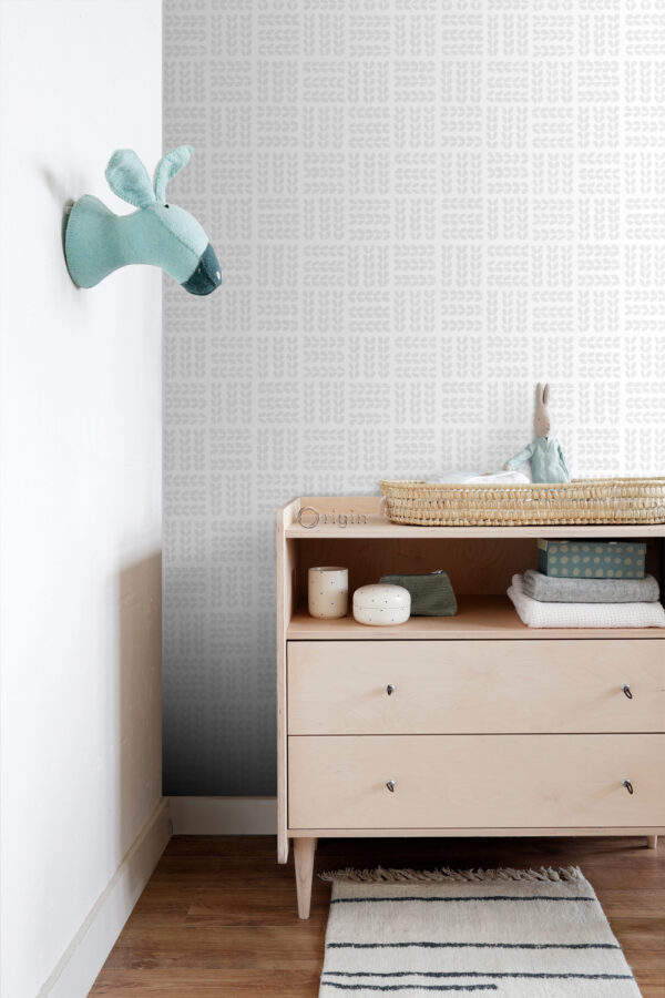 Origin Wallcoverings lehtede tapeet - matt valge ja hele soe hall