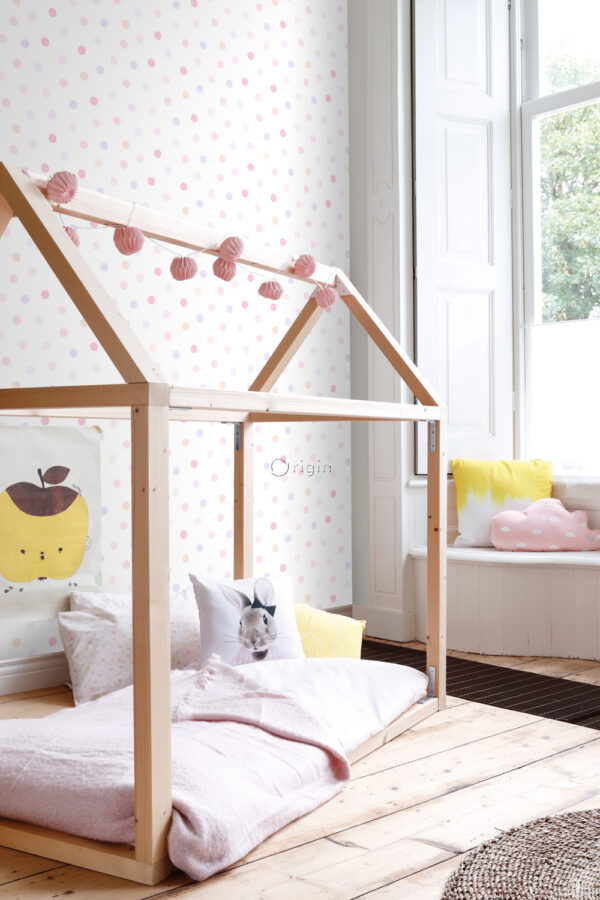 Origin Wallcoverings tapeet täpiline pastellroosa, pastelllilla ja pastellvirsikukarva