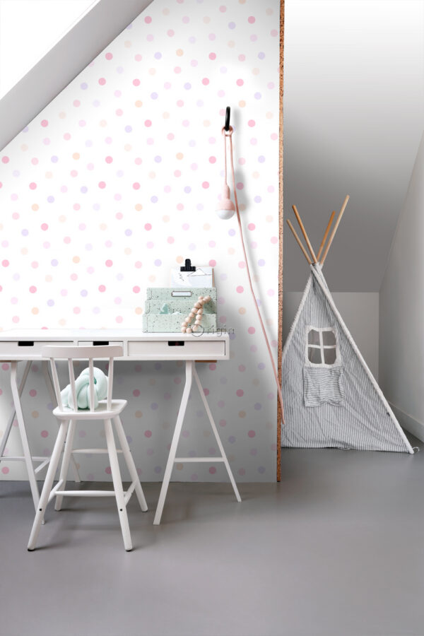 Origin Wallcoverings tapeet täpiline pastellroosa, pastelllilla ja pastellvirsikukarva