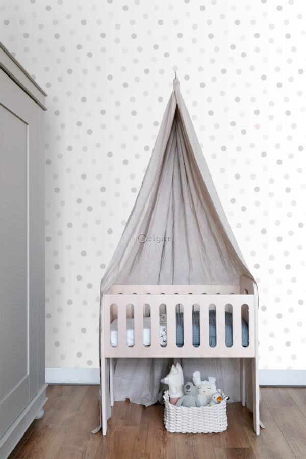 Origin Wallcoverings tapeet täpiline muster - helekreem, soe helehall ja läikiv hõbehall