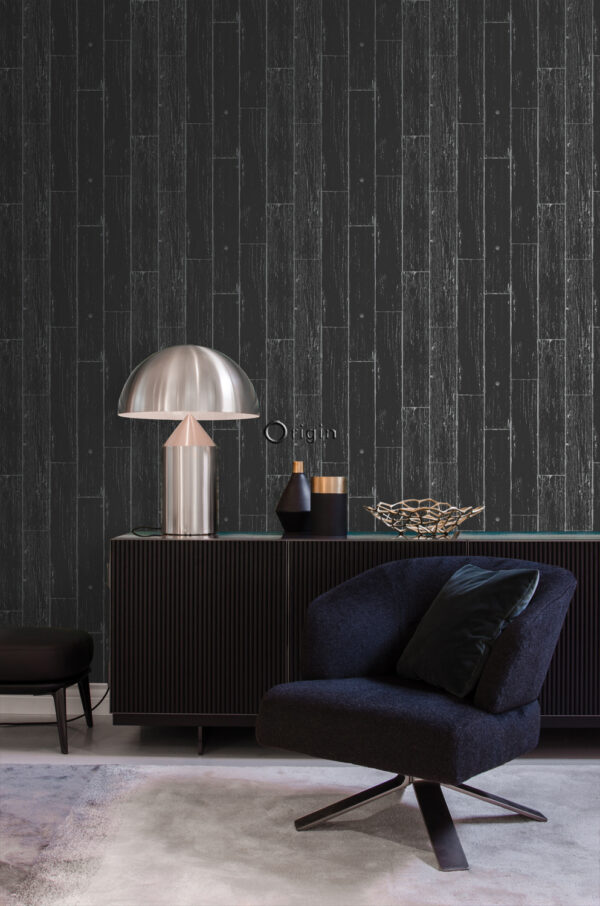 Origin Wallcoverings tapeet kulunud puidust lauad - matt must ja hõbedane