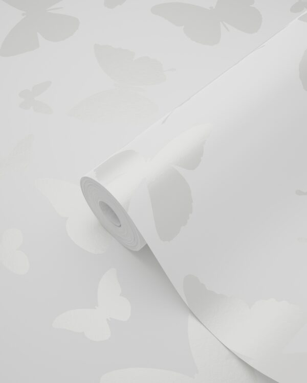 Origin Wallcoverings tapeet liblikad mattvalge ja läikivhõbedane