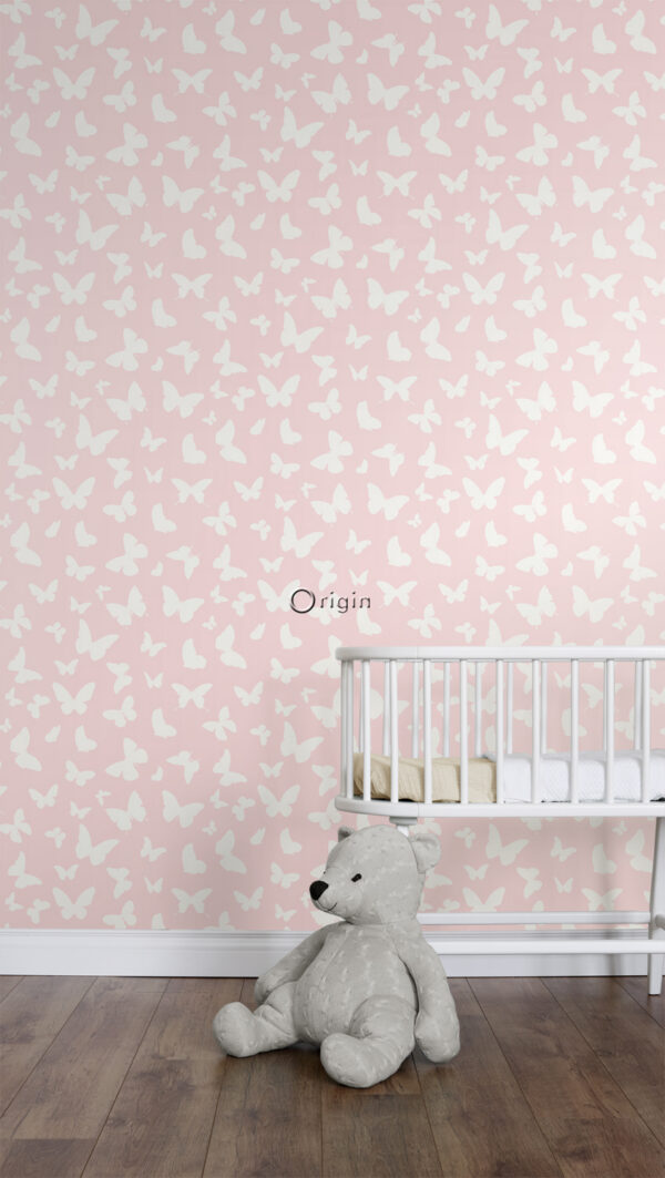 Origin Wallcoverings tapeet liblikad läikiv roosa ja valge