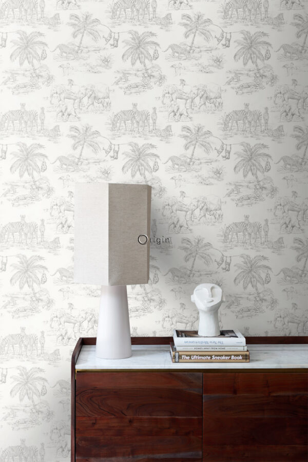 Origin Wallcoverings tapeet džungli loomad - läikiv valge ja hõbehall