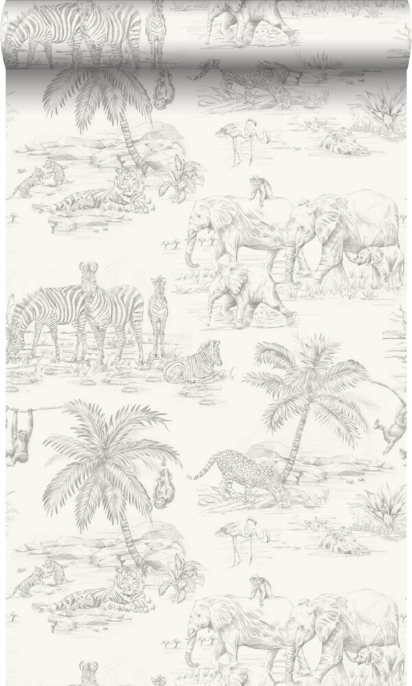 Origin Wallcoverings tapeet džungli loomad - läikiv valge ja hõbehall