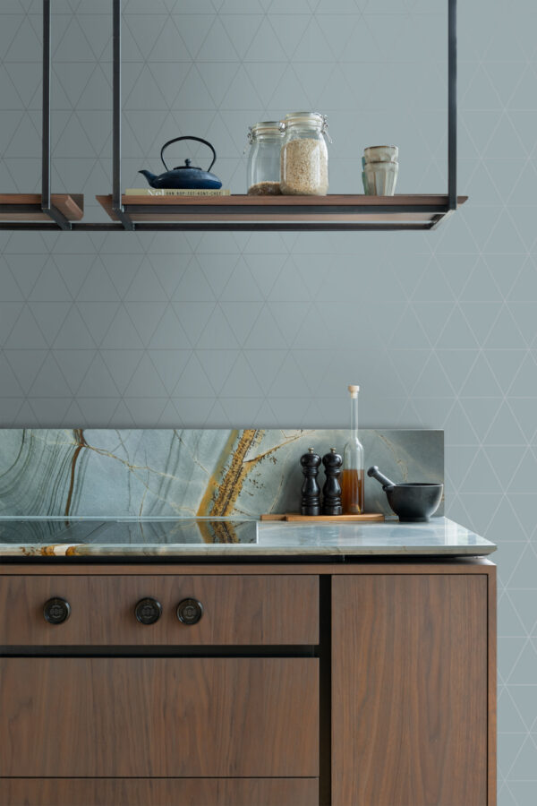 Origin Wallcoverings tapeet graafilised kolmnurgad - hall ja vintage sinine