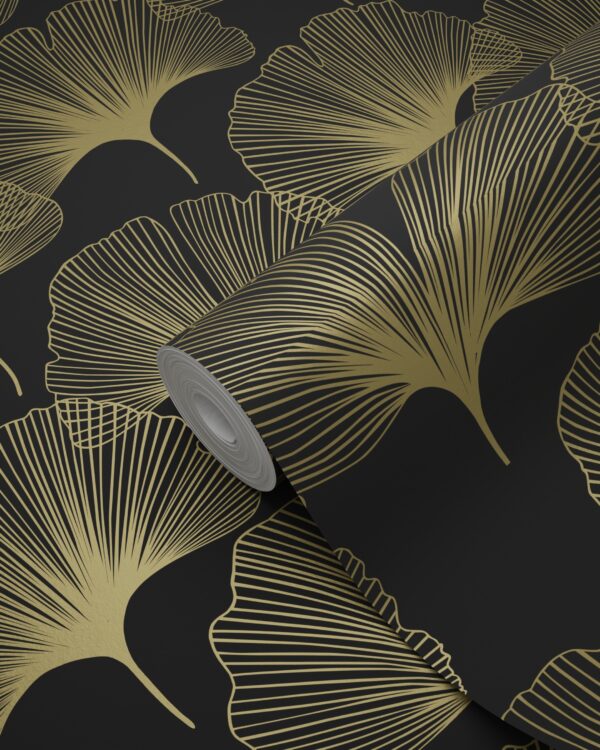 Origin Wallcoverings tapeet ginkgo lehed - must ja kuld