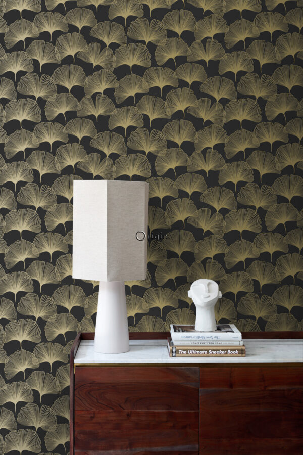 Origin Wallcoverings tapeet ginkgo lehed - must ja kuld