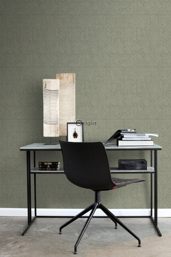 Origin Wallcoverings tapeedi plaatmotiiv madu nahk mustriga - hallikasroheline