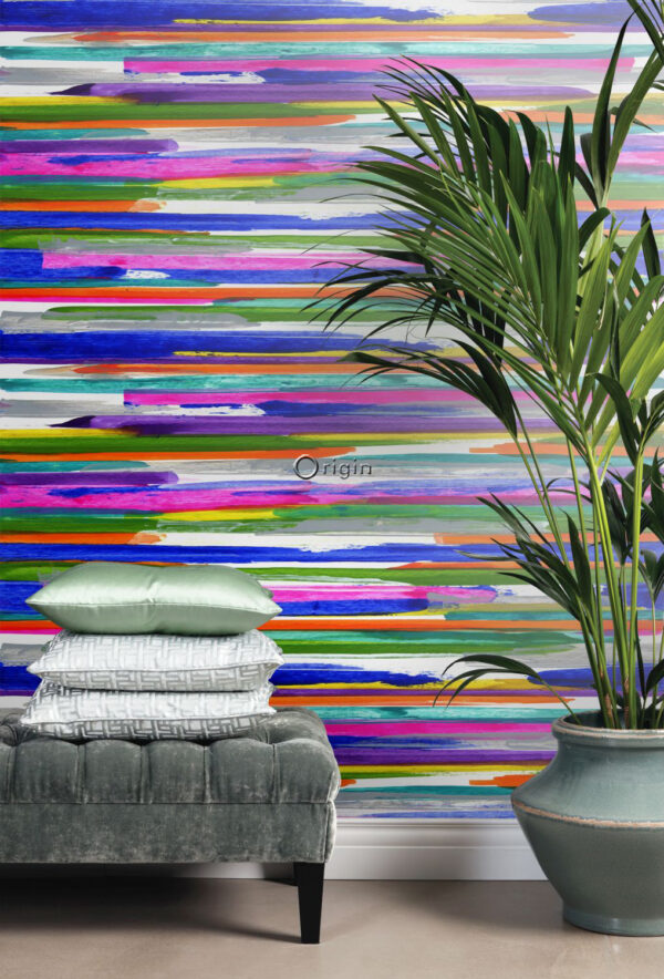 Origin Wallcoverings horisontaalsed triibud fototapeet - lilla, roosa, sinine, kollane ja roheline