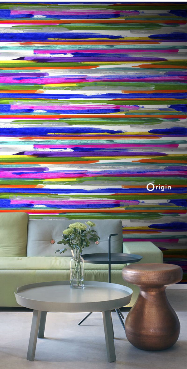 Origin Wallcoverings horisontaalsed triibud fototapeet - lilla, roosa, sinine, kollane ja roheline