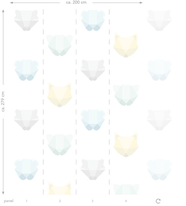 Origin Wallcoverings origami loomapead fototapeet - mündiroheline, pastelsinine, pastelkollane, hele soe hall ja mattvalge