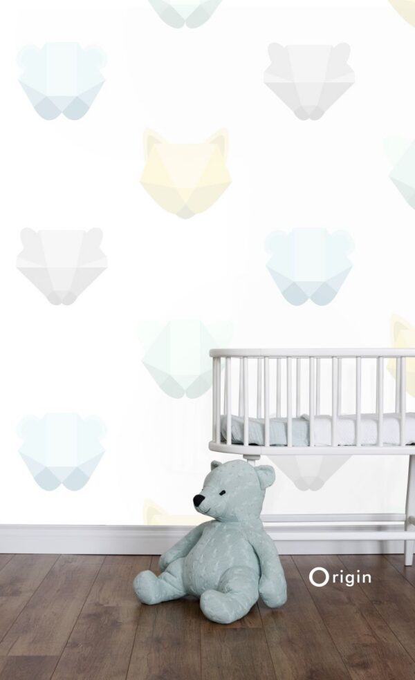 Origin Wallcoverings origami loomapead fototapeet - mündiroheline, pastelsinine, pastelkollane, hele soe hall ja mattvalge