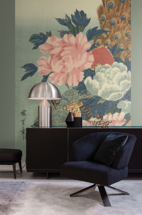 Origin Wallcoverings fototapeet paabulind ja pojengid - antiikroosa, roheline ja sinine